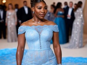 Serena Williams turned heads at the 2025 Met Gala, stepping onto the red carpet in a stunning Moncler x EE72 ensemble designed by Edward Enninful.Her icy-blue gown featured an off-the-shoulder neckline, a sheer lace panel snaking down the skirt, and a cowl neck, paired with a quilted puffer cape that nodded to Moncler’s luxury outerwear.